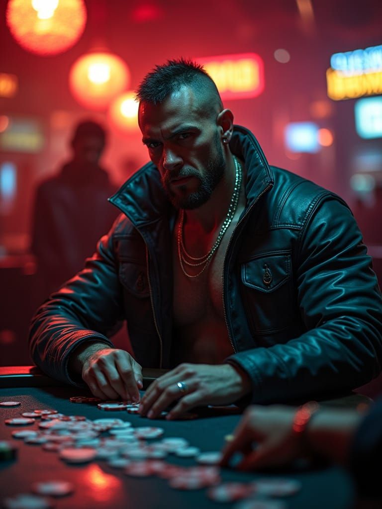Tactical Bodybuilder Gangster Plays Poker in Neon Casino