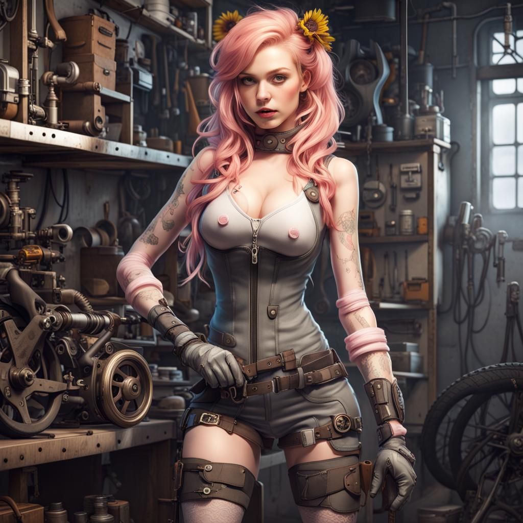 Motorcycle mechanic steampunk, pinup maiden with sunflowers in her hair.