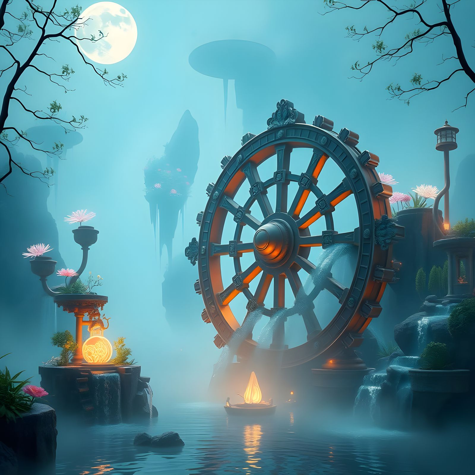 Whimsical Jade Water Wheel in a Dreamlike Realm