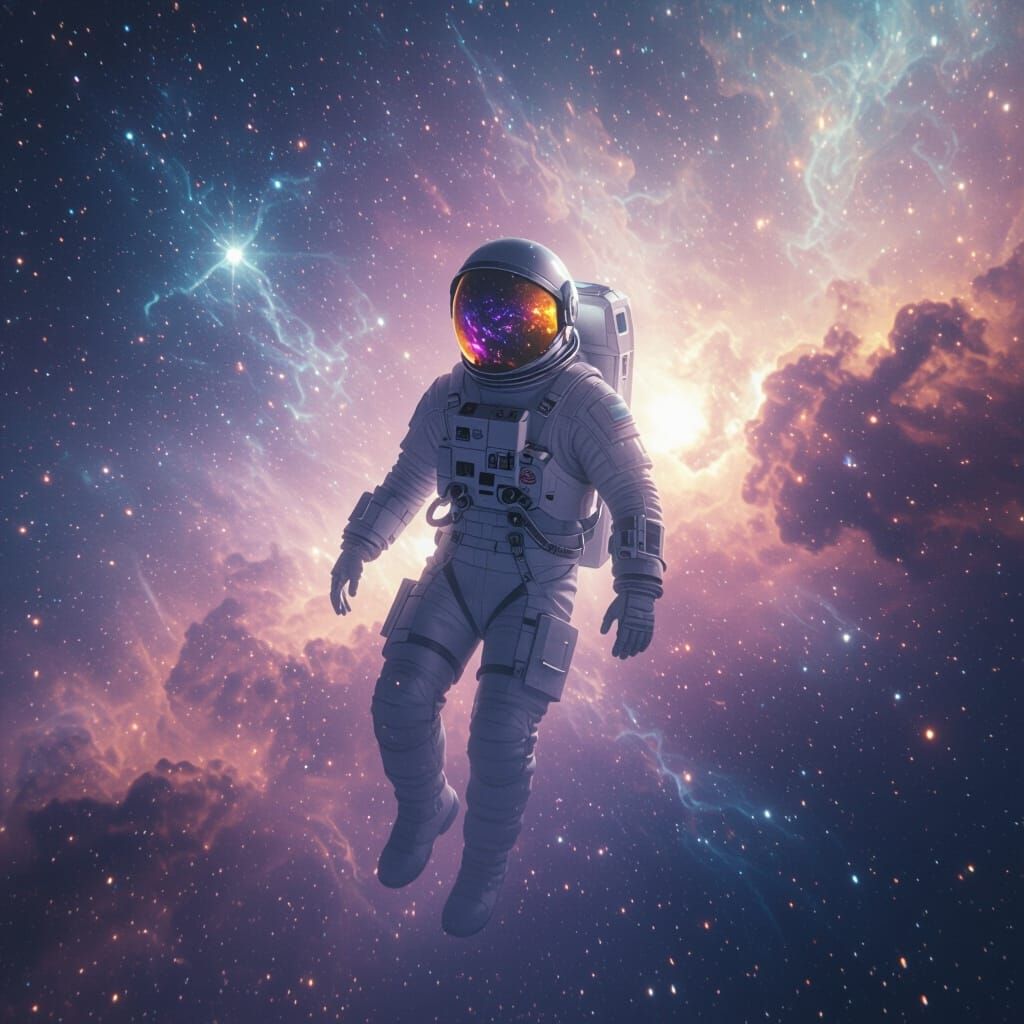 Astronaut Drifting in Iridescent Nebula