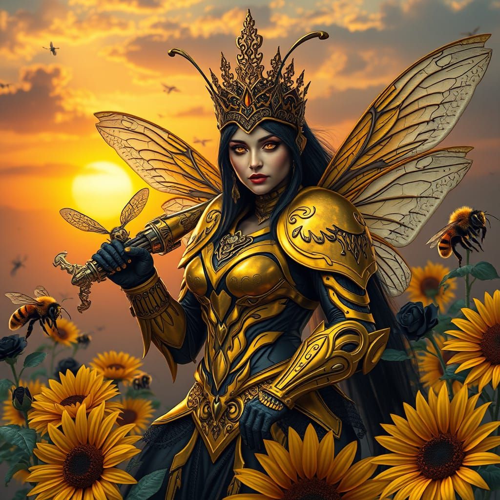 Majestic Dark Fantasy Bumblebee Queen in Neon Noir Armor
