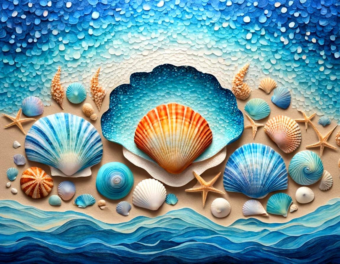 Beautiful painted 3d seashell collage art, peaceful serene f...