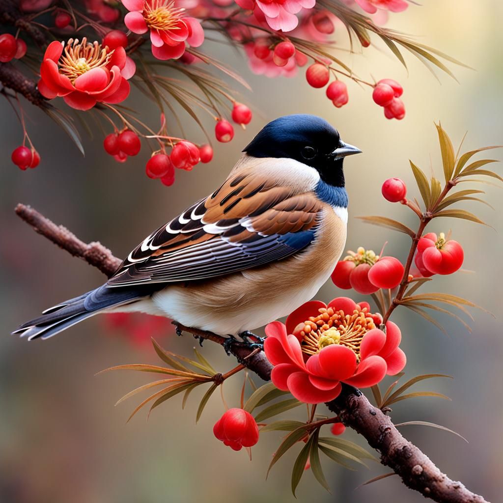 Sparrows and Swallows Near Altar: Colorful Detailed Painting