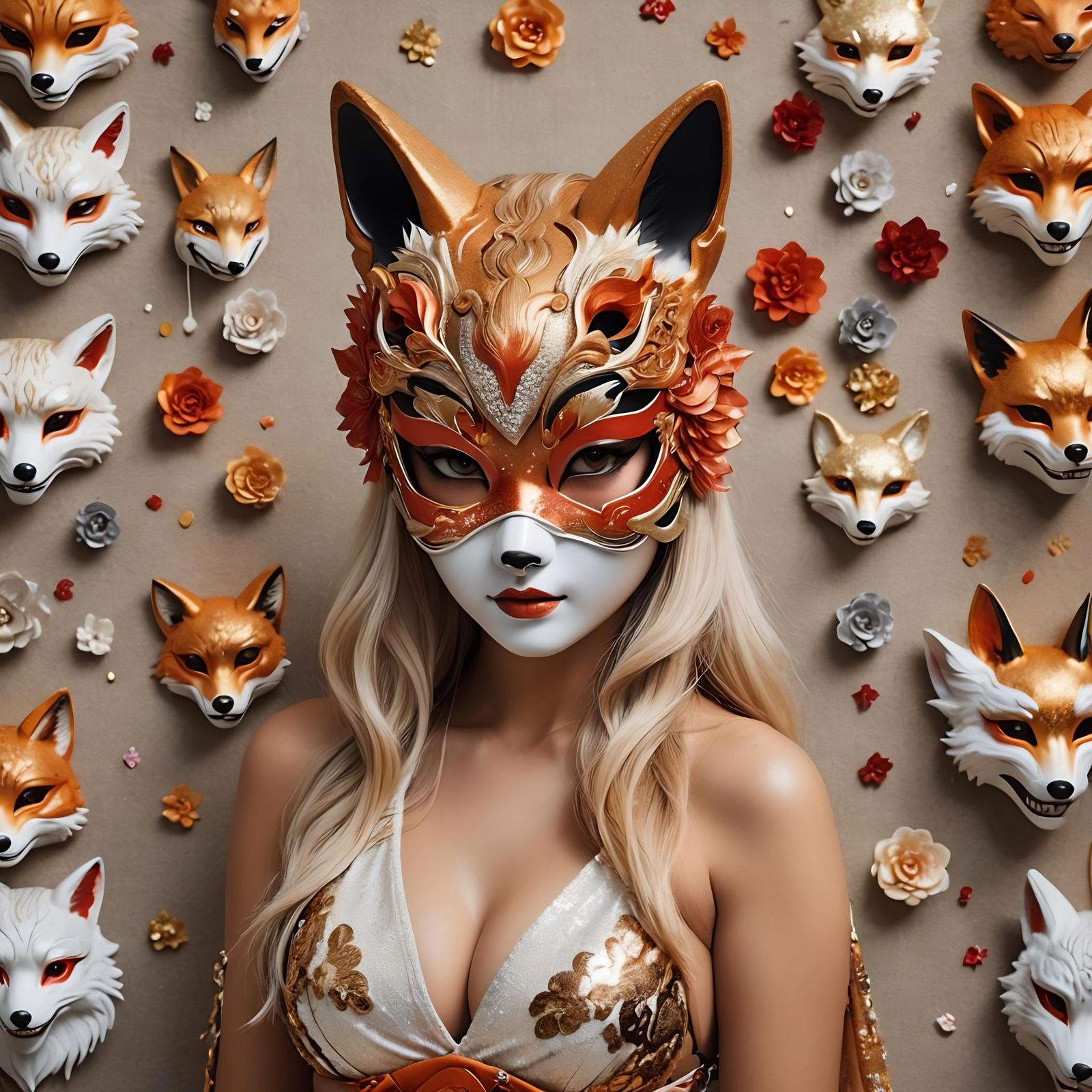 Voluptuous Woman in Kitsune Mask: Photorealistic Portrait