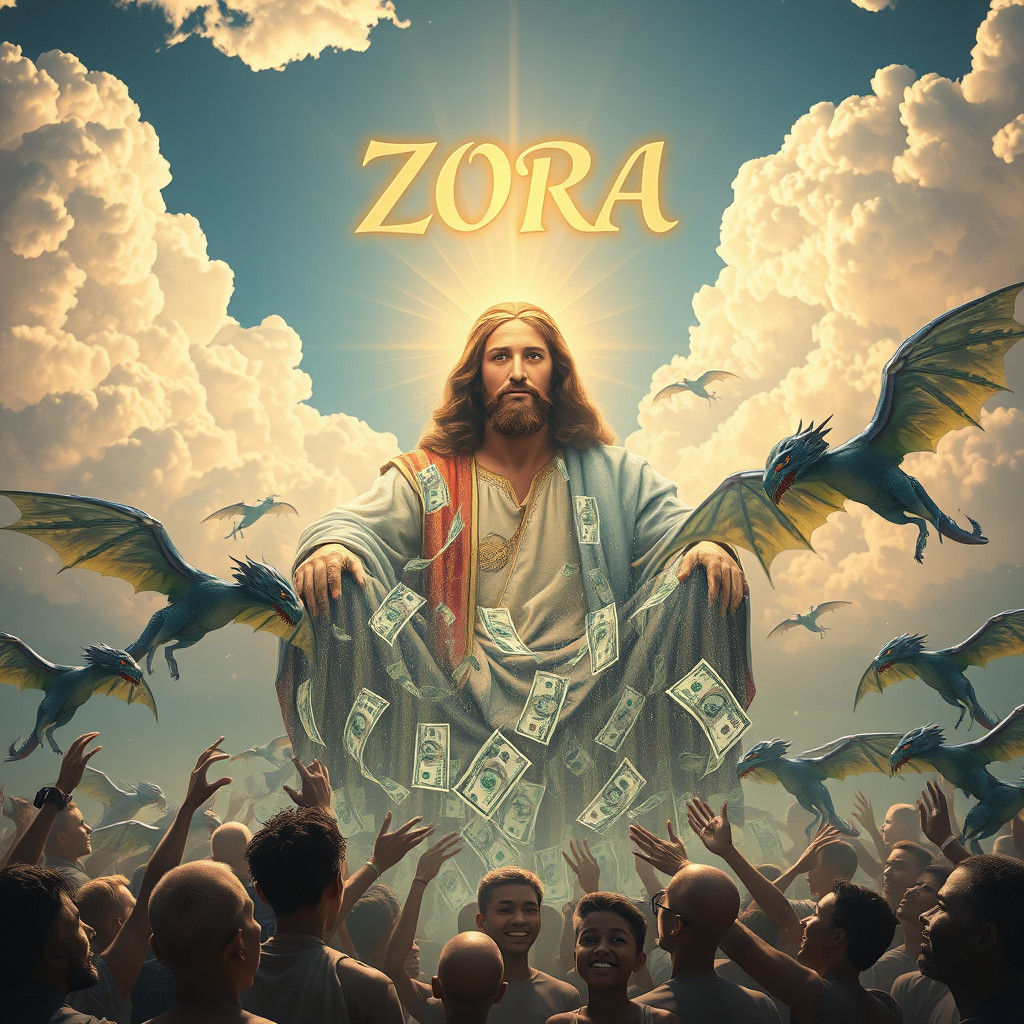 Jesus Showers Dollars with Dragons in the Sky