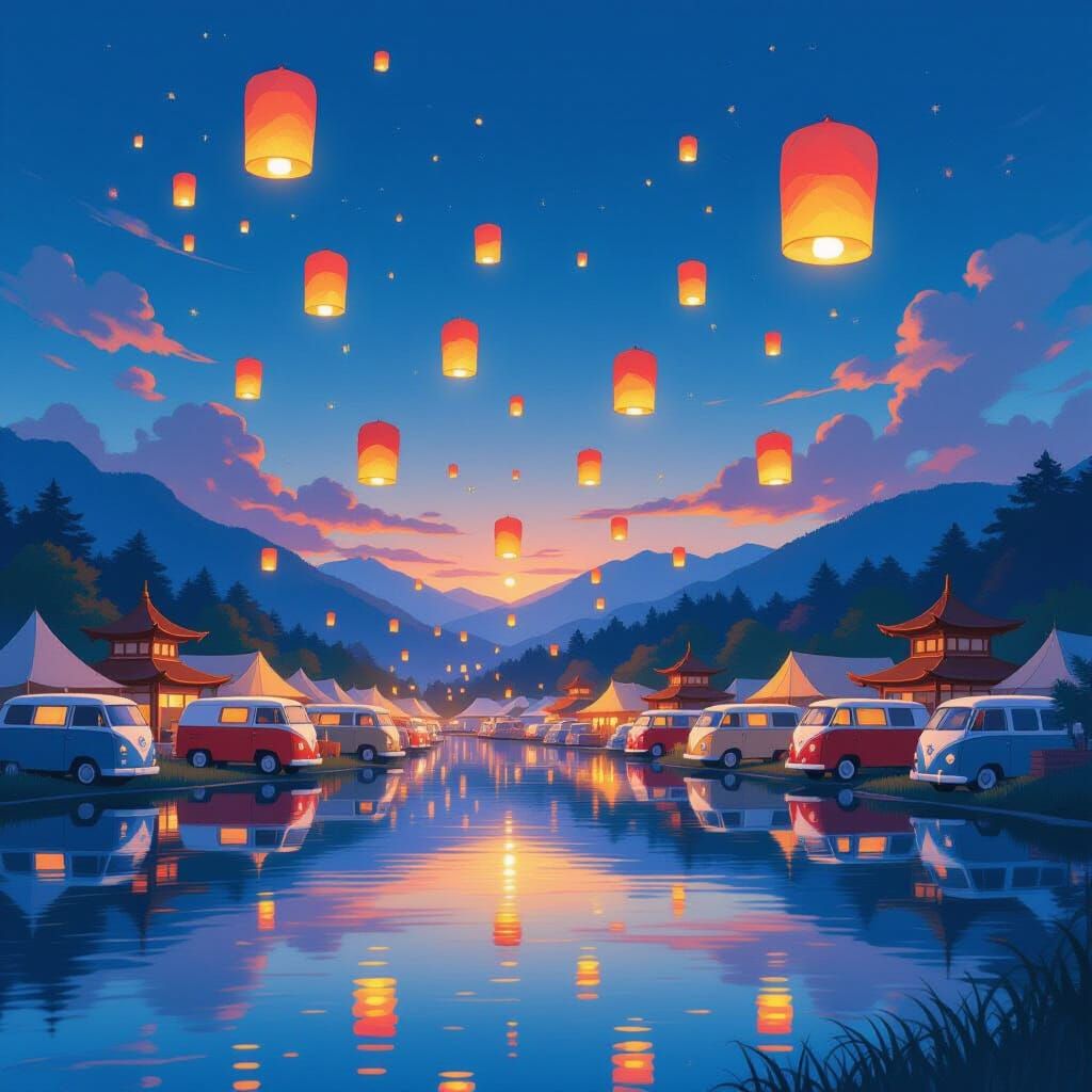 Magical Lantern Festival by a Lakeside Camp in Anime Style