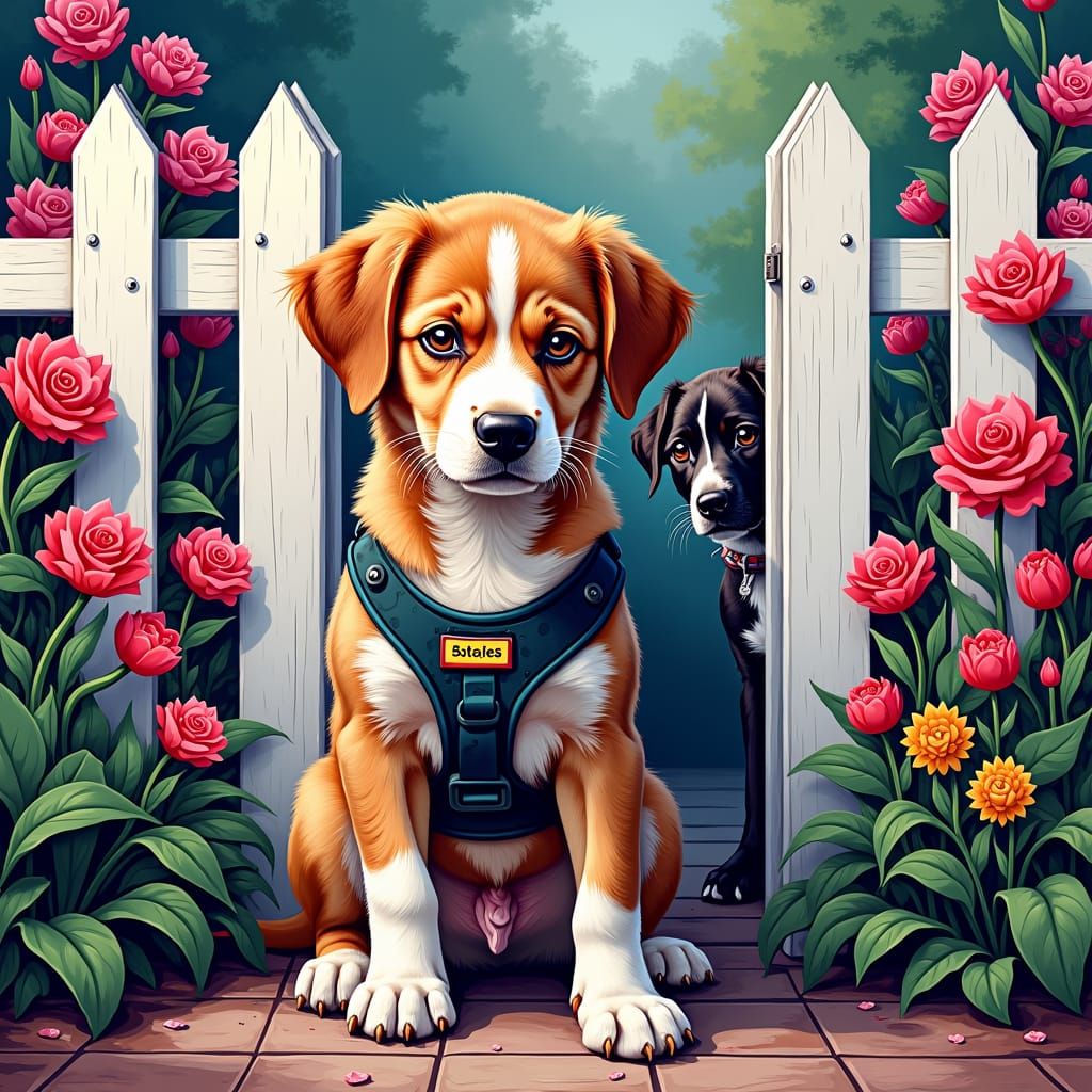 Puppy Awaits Friend in Whimsical Street Art Garden