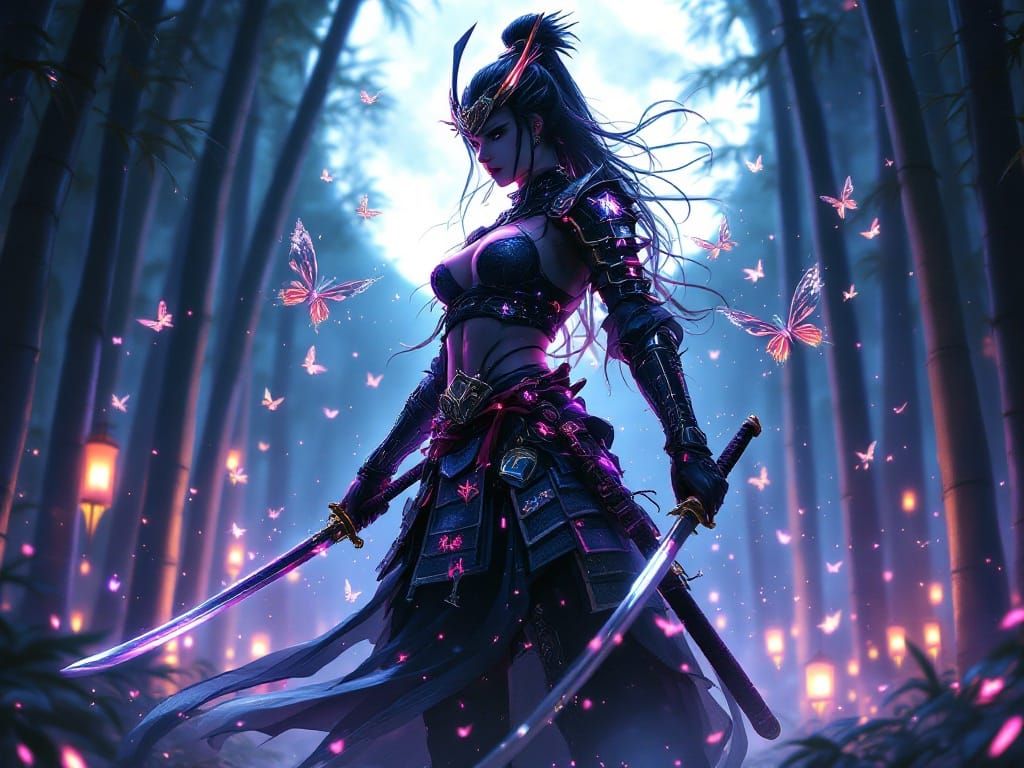 Samurai Warrior in Moonlit Bamboo Forest, Neon Armor and Hol...