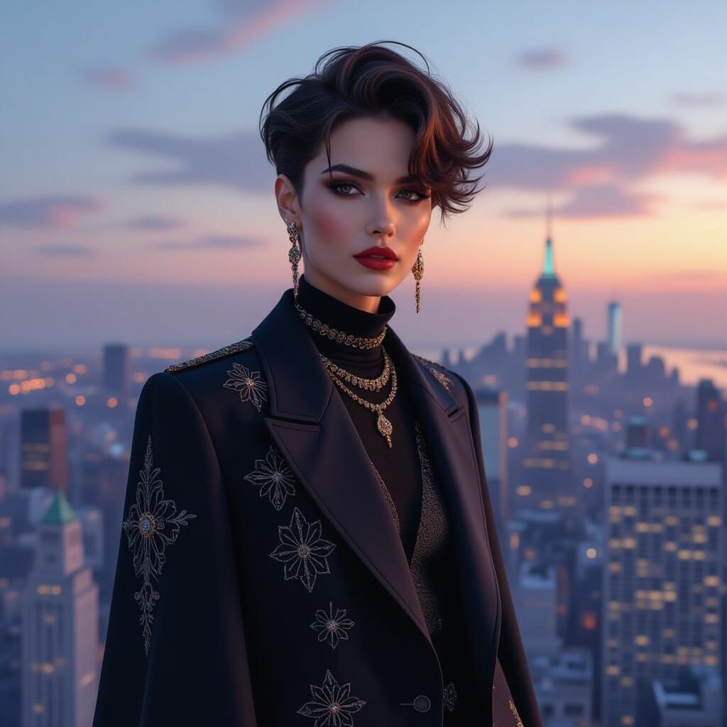 Non-Binary Designer in Cityscape, Art Nouveau Style