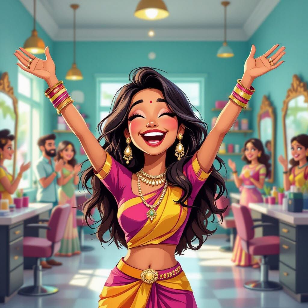 Ecstatic Salon Owner Cartoon in Whimsical Style