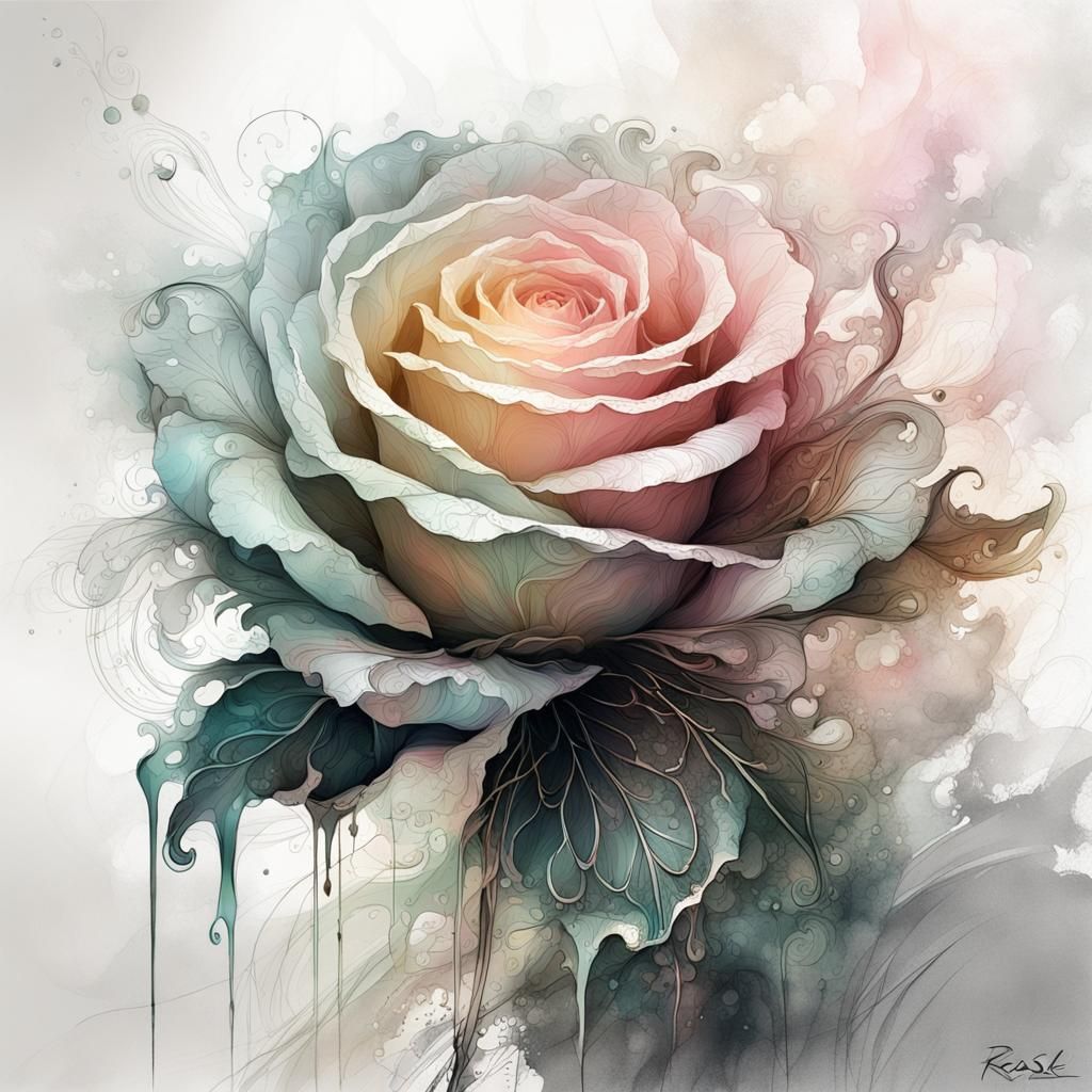 Filigree Fractal Rosebud in Pastel Ink Style