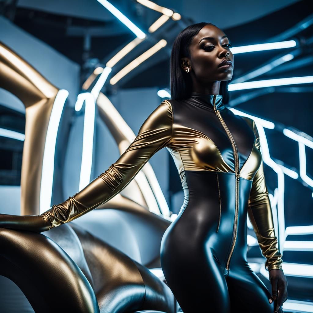 Woman Posing in Micromesh Catsuit at Fashion Show