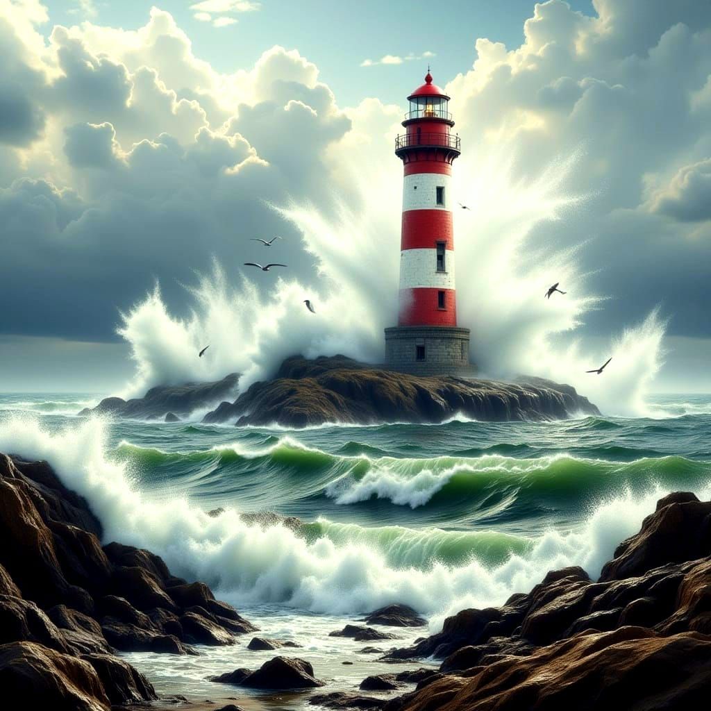 Lighthouse Versus Wave in Detailed Realism Style
