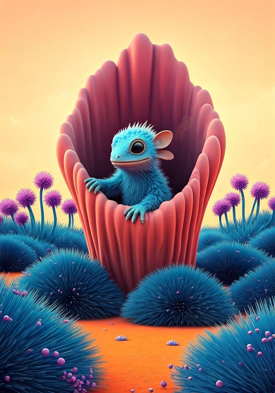 Vibrant Alien Emerge from Fuzzy Landform in Pastel Paradise