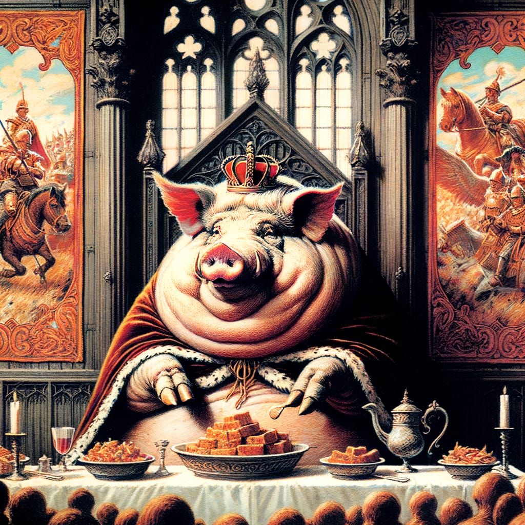 Portly Pig King Hosts Grand Banquet in Castle Hall