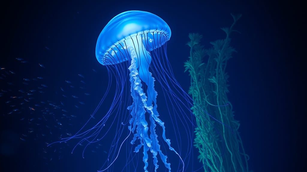 Majestic Man-o-war Jellyfish in a Bioluminescent Sapphire Se...