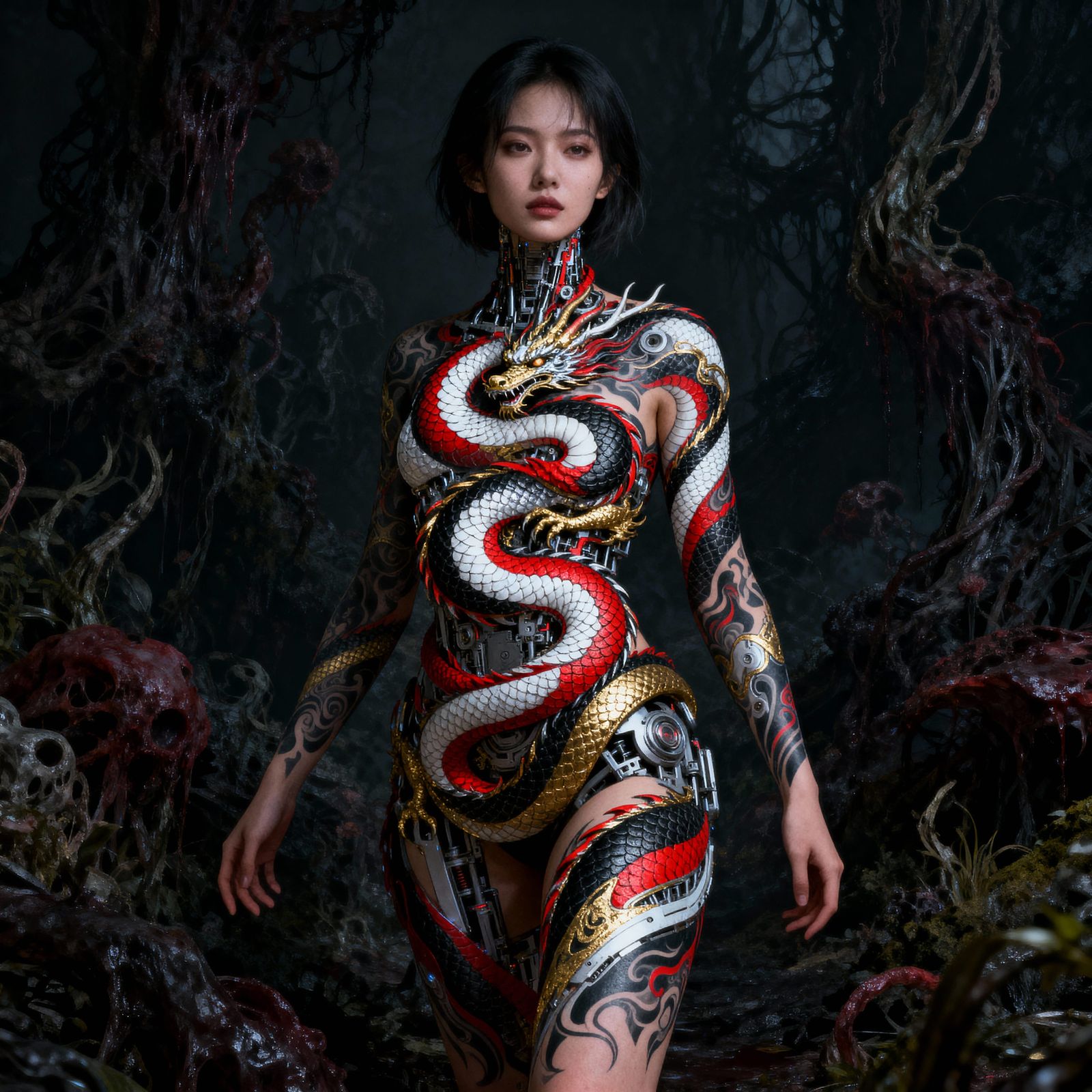 Woman with Dragon Tattoo in Biomechanical Art Style