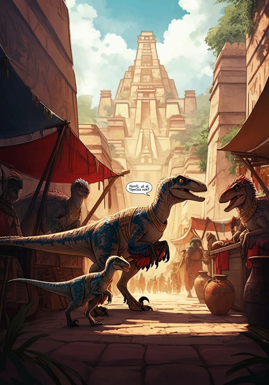 Dinosaur Marketplace in Aztec Style, Digital Art