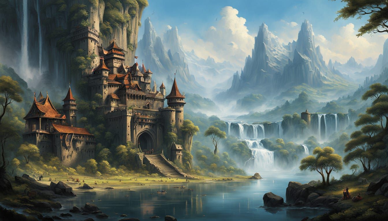 Majestic Fantasy Citadel Amidst Verdant Mountains and Serene...