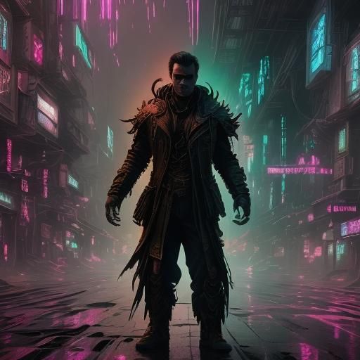 Cyberpunk Vampire in Neon Cityscape