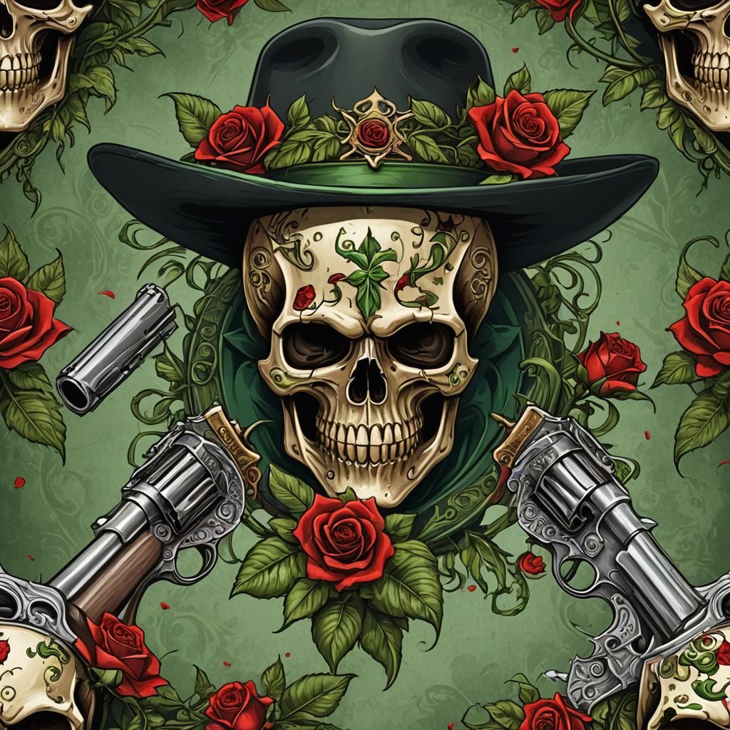Hat Skull with Revolvers and Rose, Detailed Matte Painting
