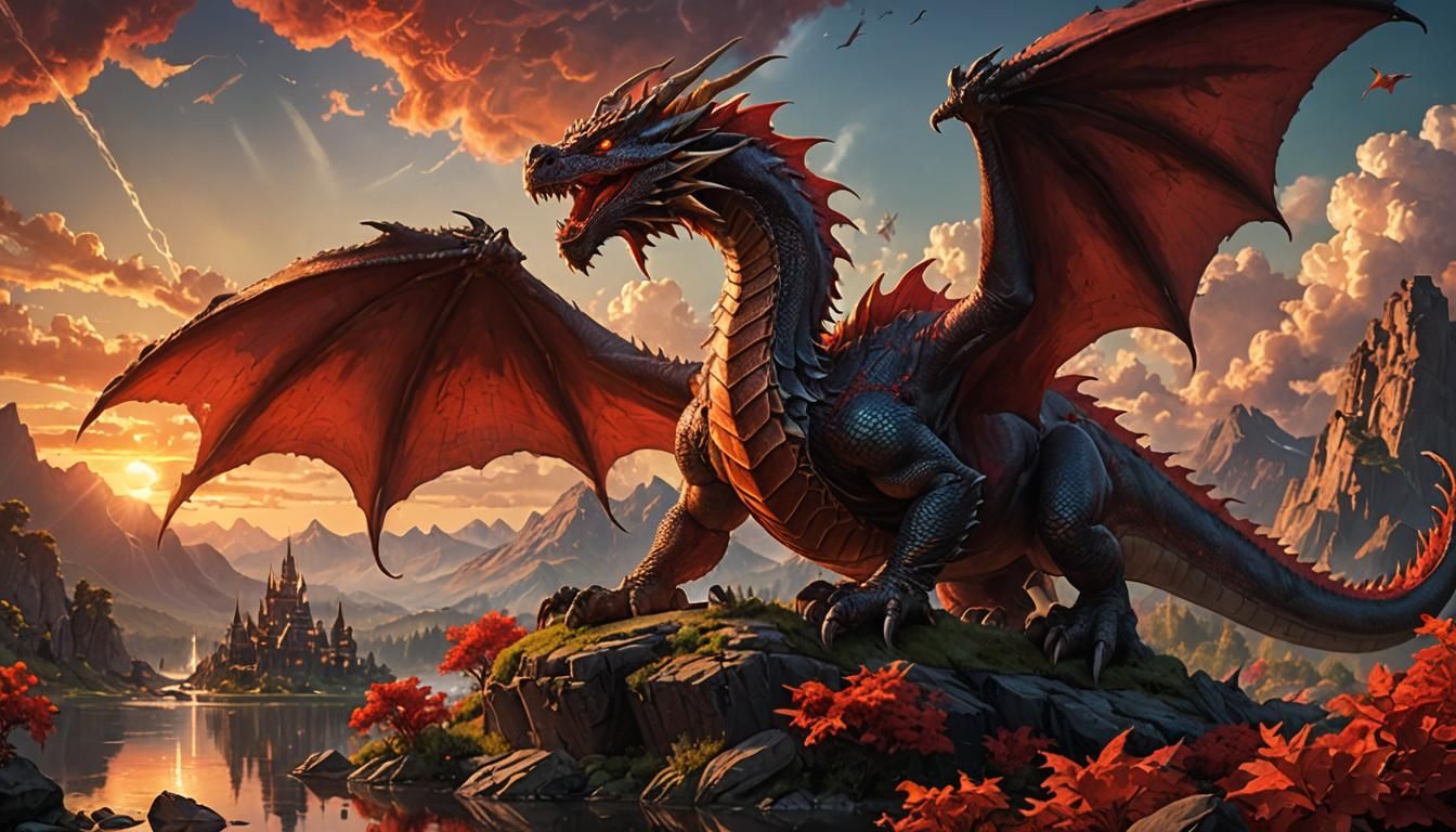 Magnificent Fire Dragon in Lush Detailed Landscape