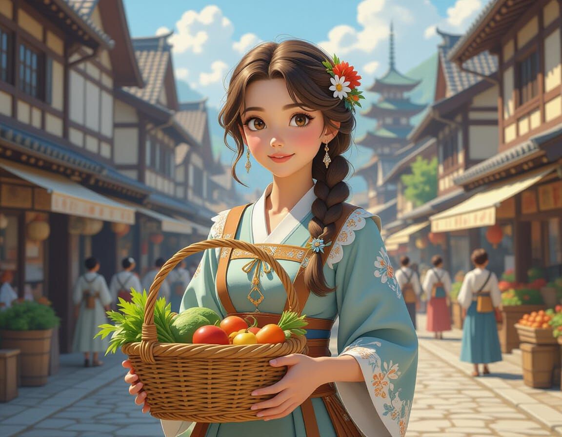 Bavarian-Japanese Woman Shopping in Miyazaki Anime Style