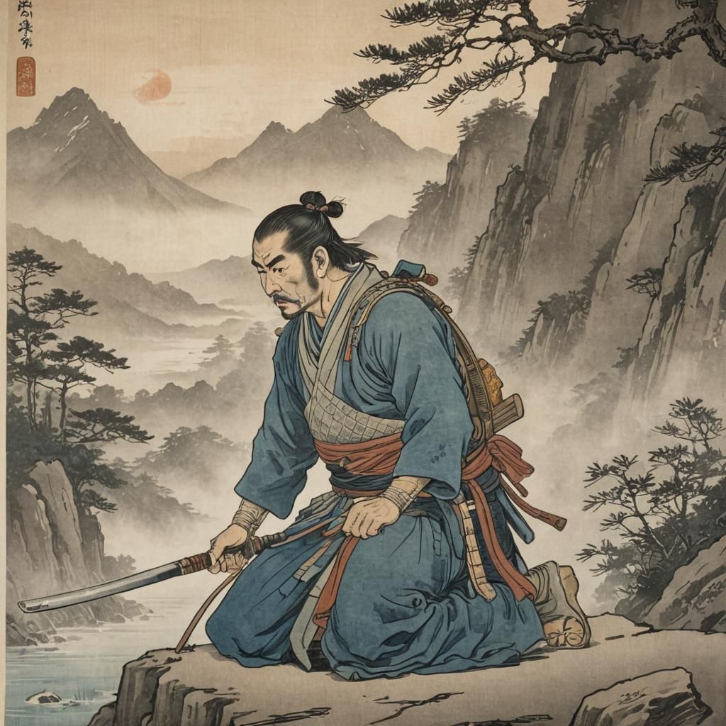 Ukiyo-e style warrior kneeling in front of a mountain landsc...