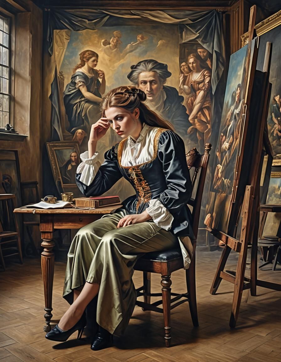 Woman Before Painting in Renaissance Surrealism Style