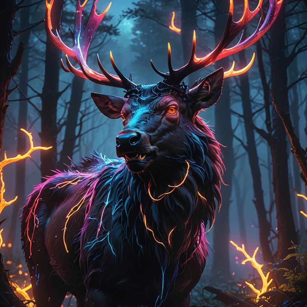 Glowing Neon Elk Devouring Humans in Misty Forest