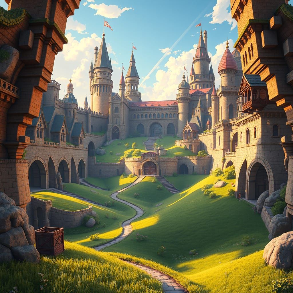 Anime-Style Castle Farm in Sunset Light