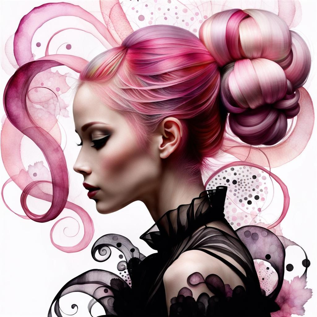 Ethereal Woman with Pink Hair: Alcohol-Ink Painting