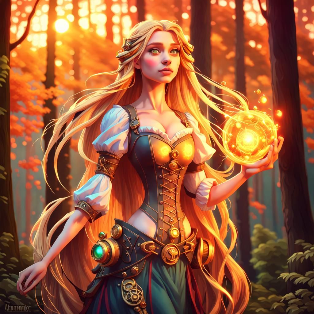 Rapunzel with Fireballs in Steampunk Forest