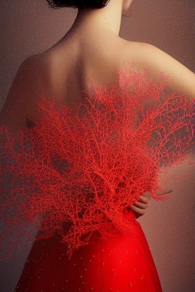Woman in Coral Dress: Mixed Media Photoillustration