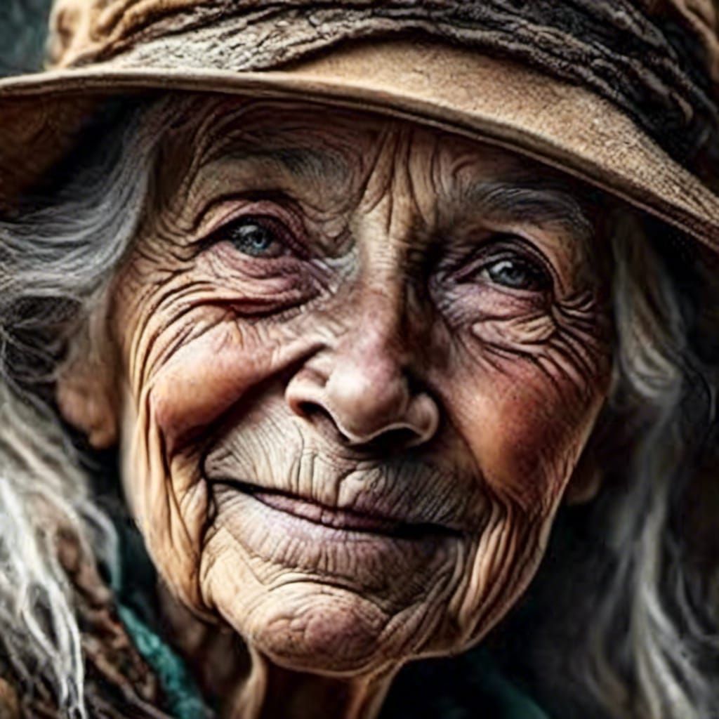 Wise Old Woman Portrait with Knowing Smile