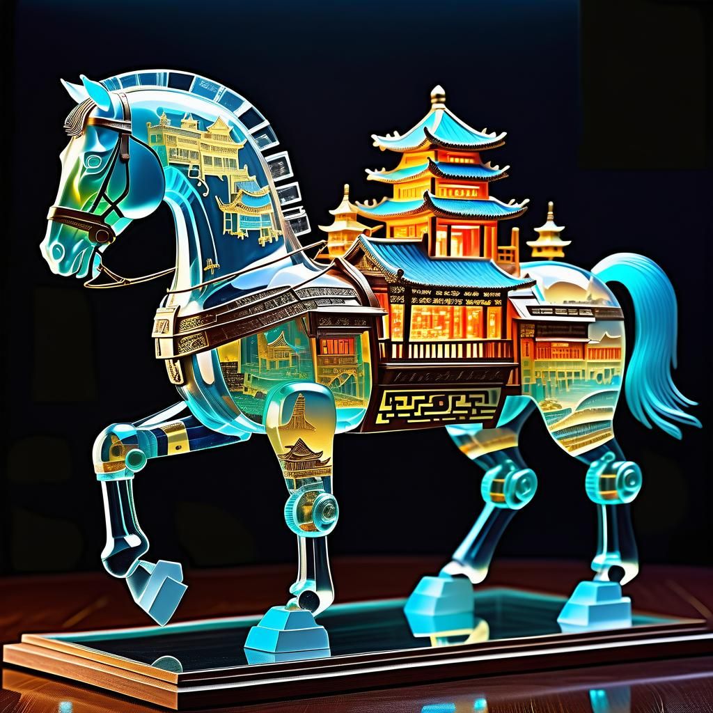 Steampunk Glass Trojan Horse with Miniature City