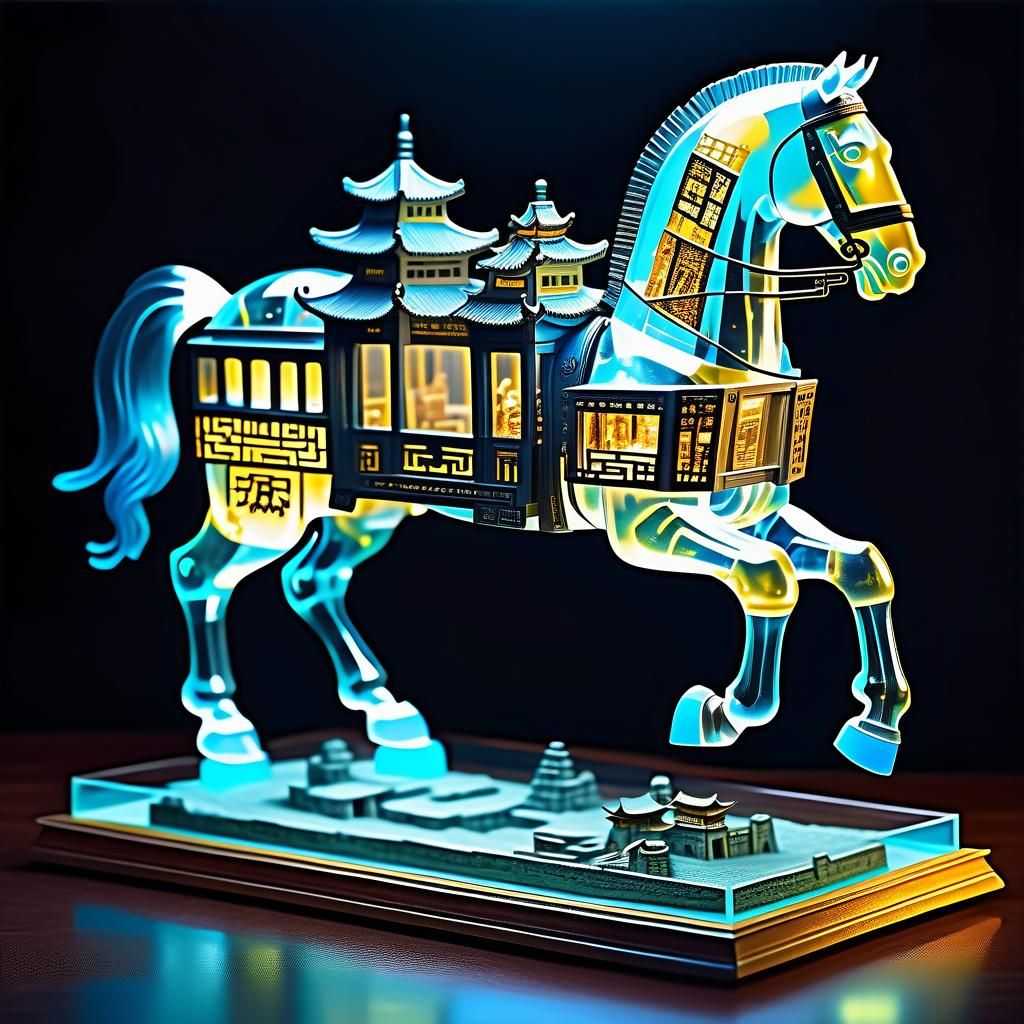 Steampunk Glass Trojan Horse with Miniature City
