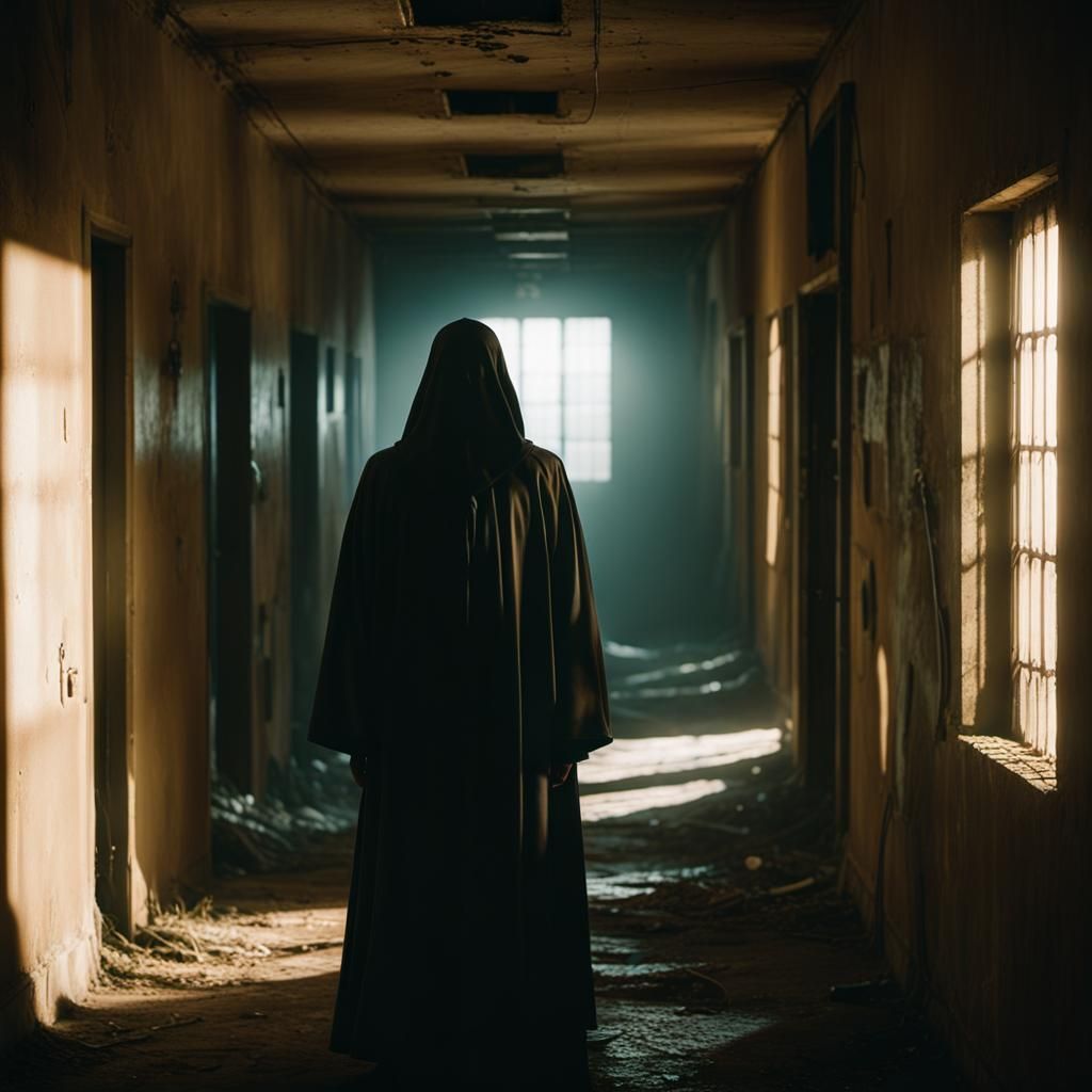 Ethereal Ghostly Figure in Abandoned Hallway