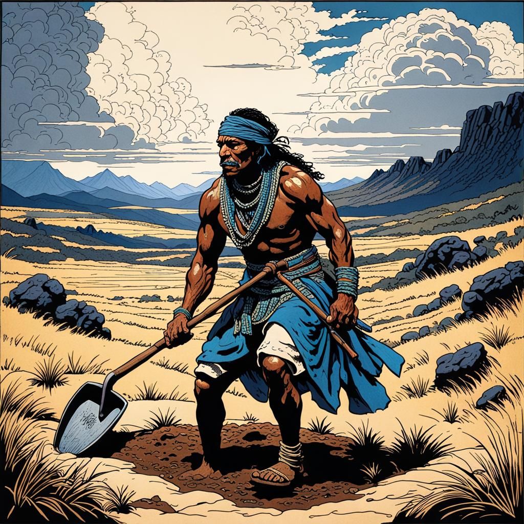 Prehistoric man uses commercially produced metal shovel to dig a trap.  Thanks AI.