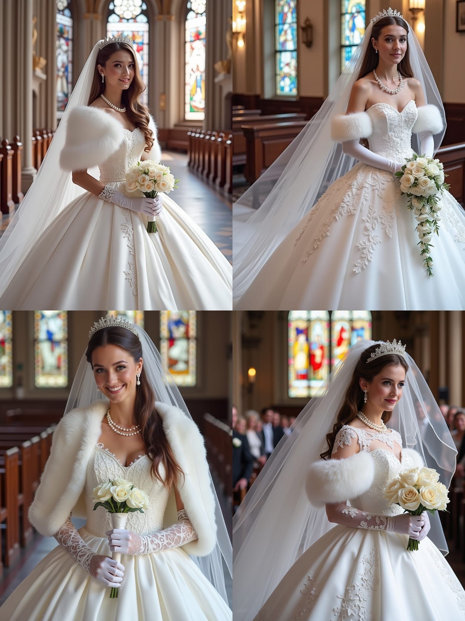 Bride in White Satin Tulle Wedding Dress