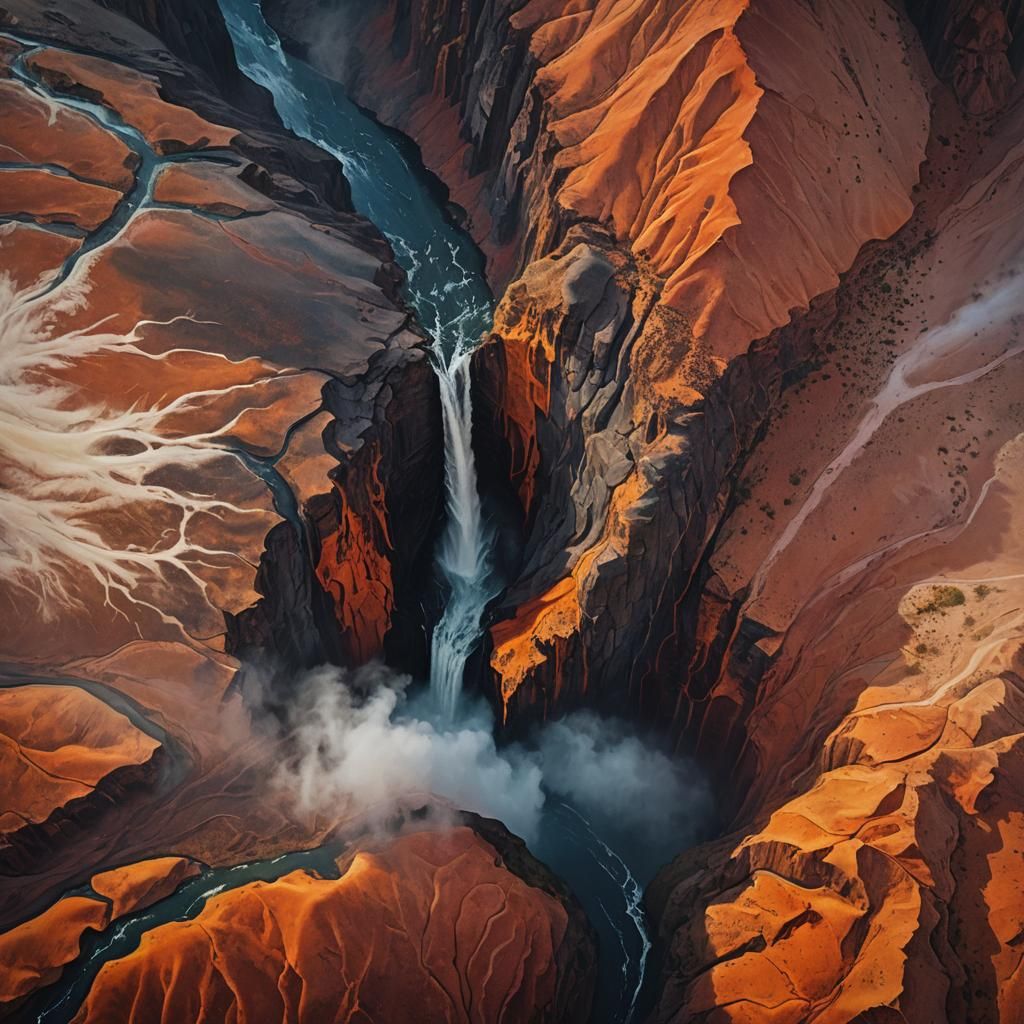 Dramatic Desert Waterfall from Above, Turner-esque Oil Paint...