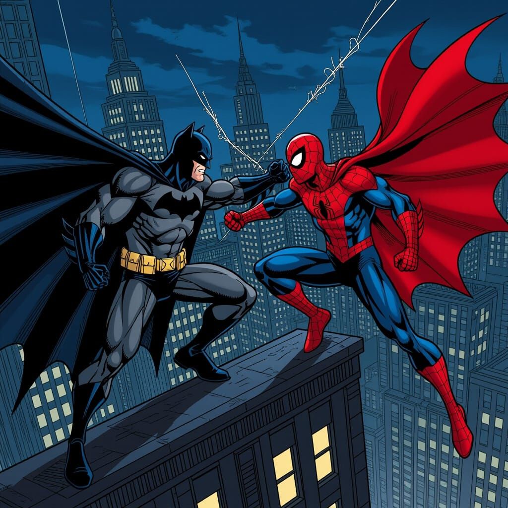 Batman vs Spider-Man Comic Book Art Fight