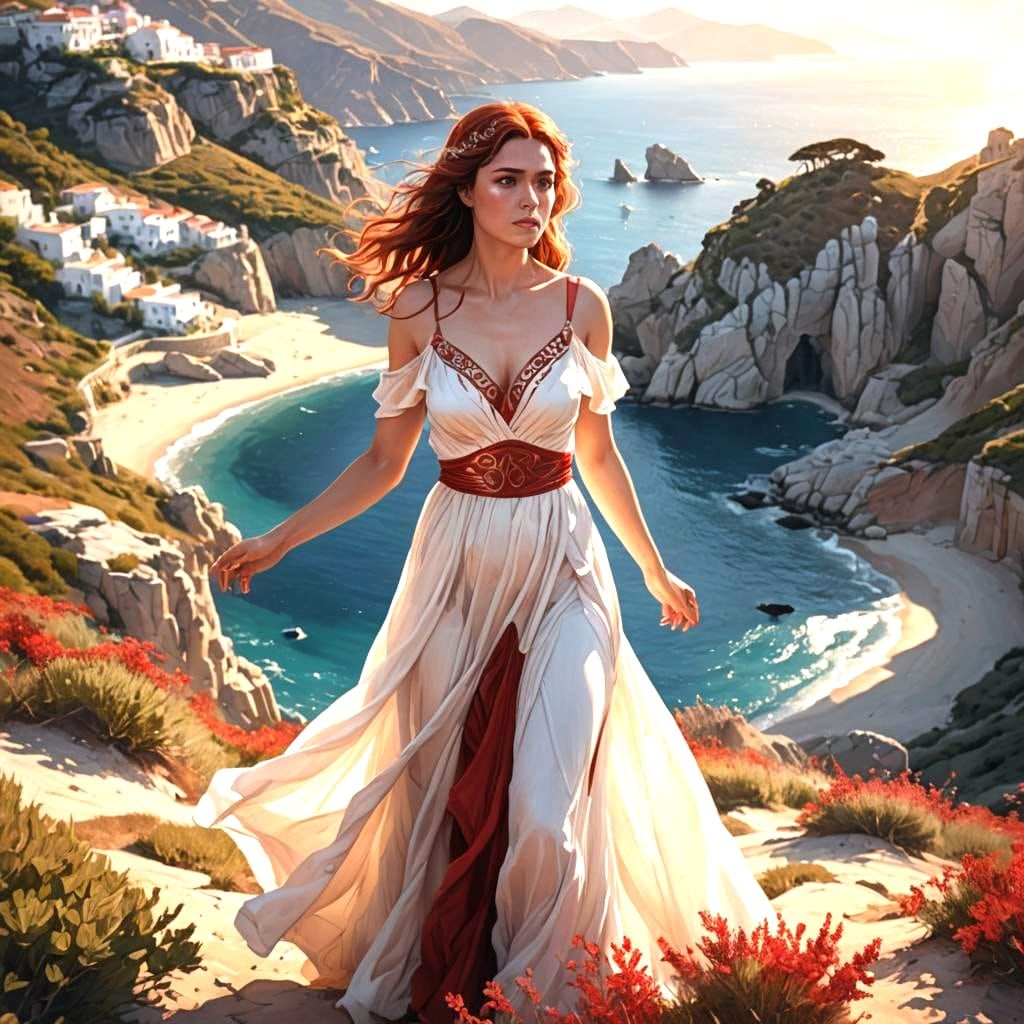 Beautiful Woman on Rocky Hills in Detailed Painting