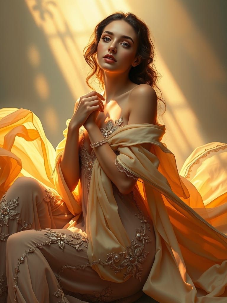 Elegant Woman in Golden Light, Art Nouveau Style