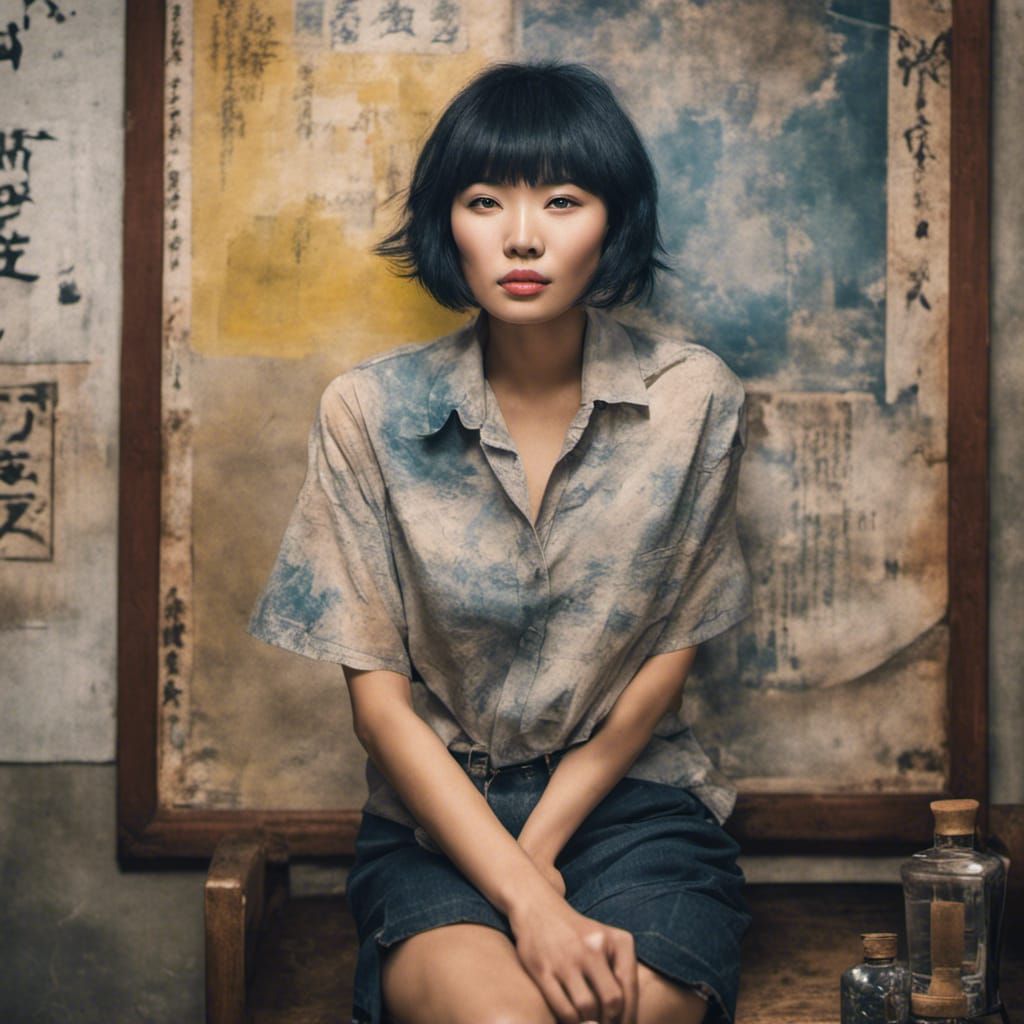 Gorgeous Asian Woman in Distressed Vintage Style