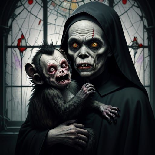 Grotesque Dark Fantasy Nun Holds Frightened Zombie Toddler