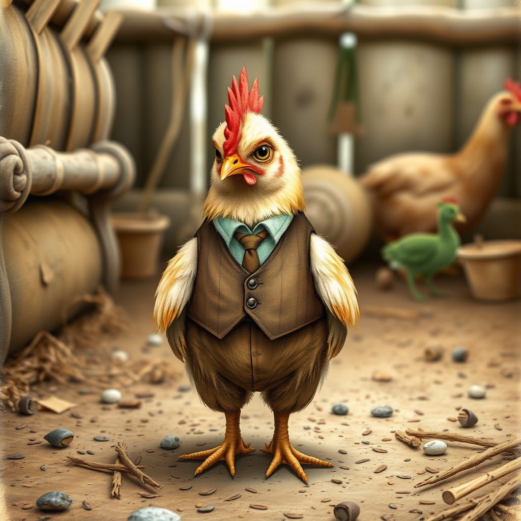 Grumpy Chicken in Farmyard, Beatrix Potter Style