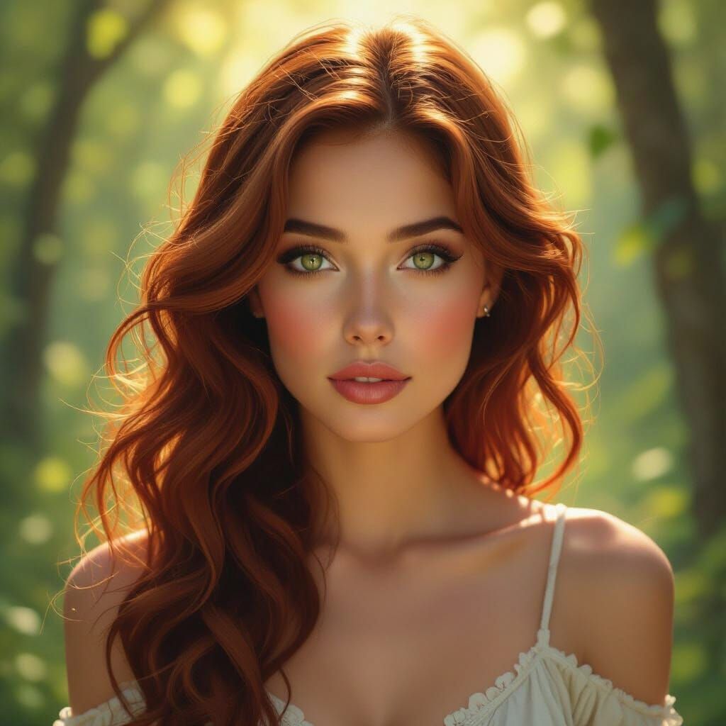 Ethereal Woman in Sun-Dappled Forest, Oil Painting Style