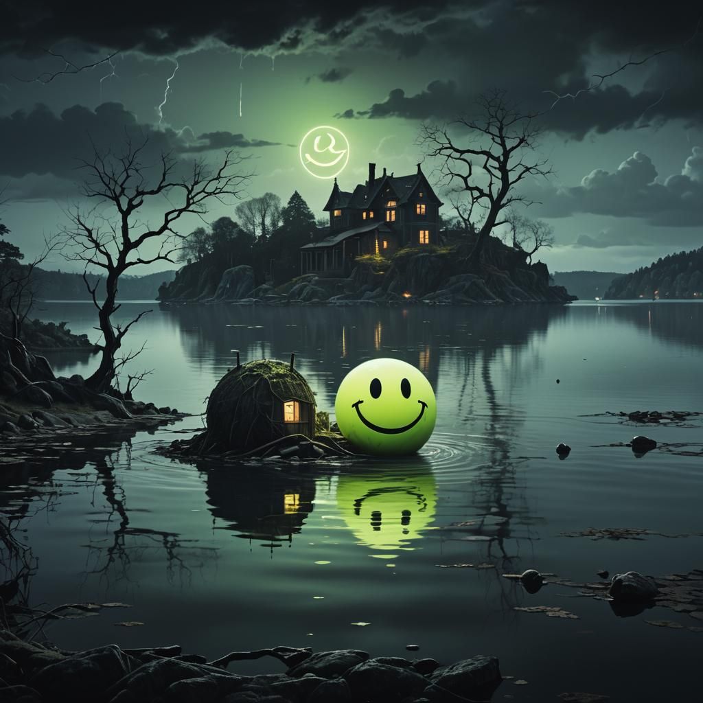Surreal Neon Ghostly Smiley Face Over Dark Lake