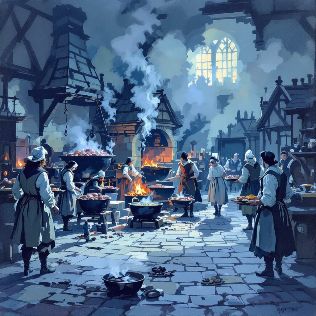 Medieval Kitchen Scene: Servants Prepare Feast in Warm Firel...